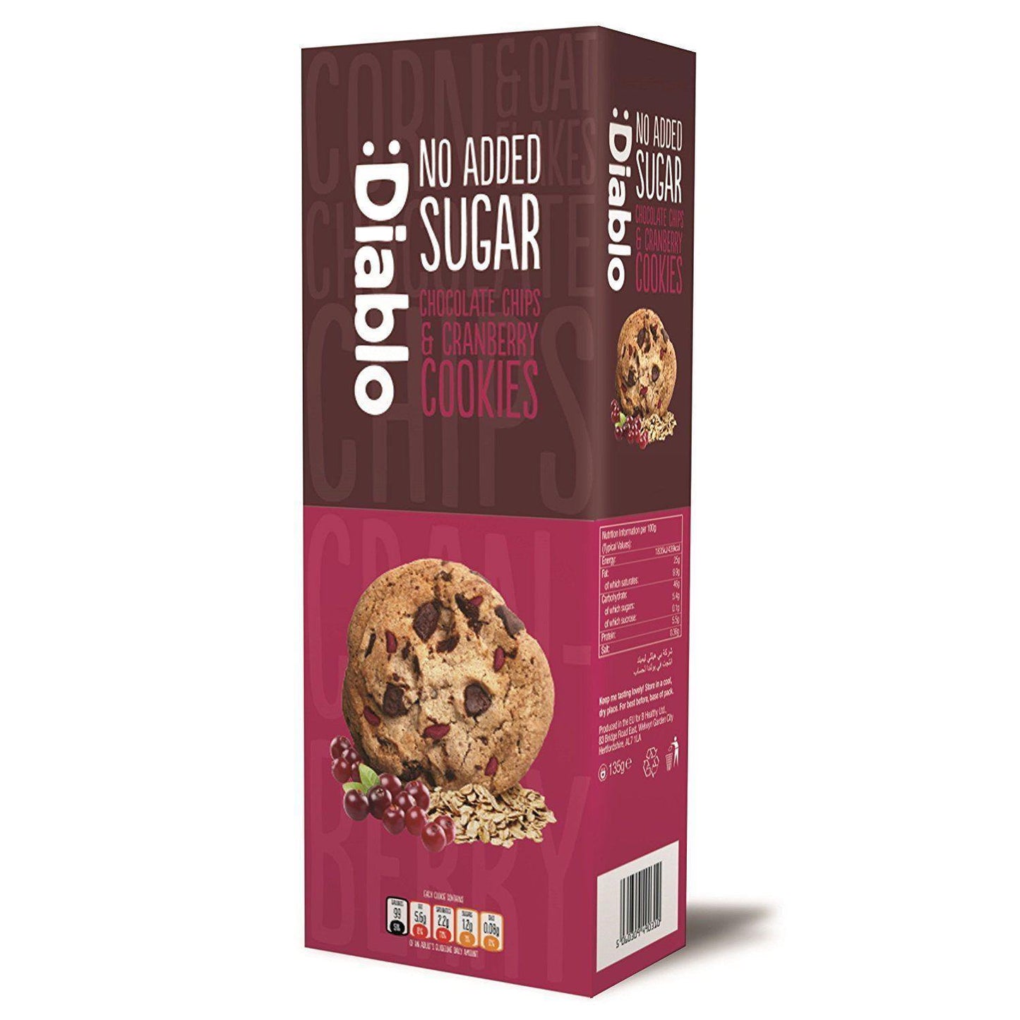 Diablo No Added Sugar Chocolate Chips & Cranberry Cookies 135g (Box of 12)