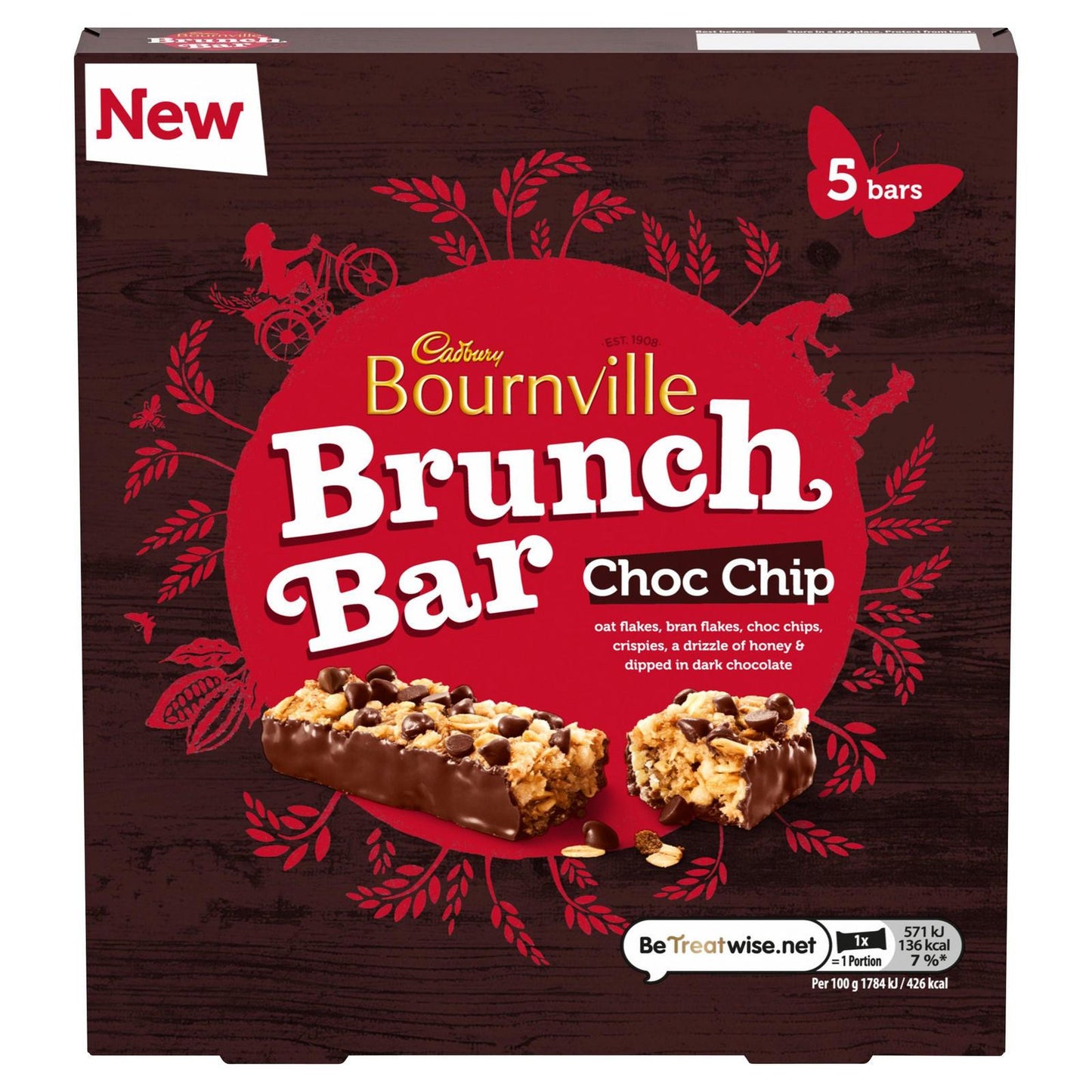 Cadbury Brunch Bar Bournville Dark Chocolate Chip 5 Pack 160g (Box of 8)