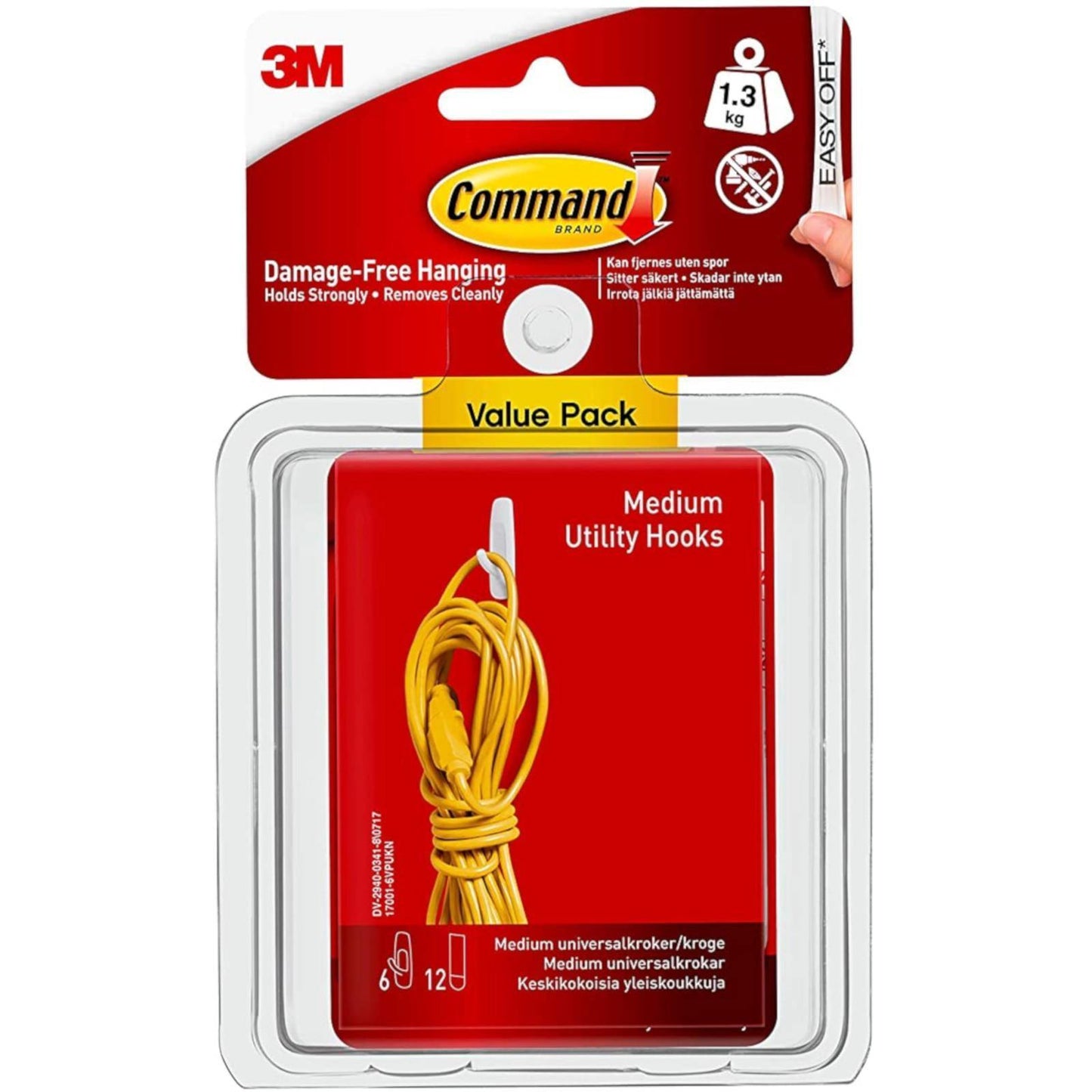 3M Command Medium Utility Damage-Free Hanging Hooks Value Pack of 6