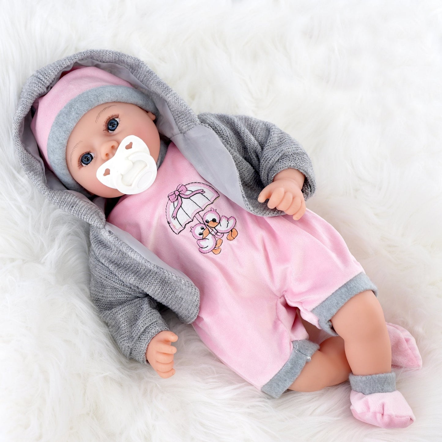 Baby Girl Doll With Dummy & Sounds Grey