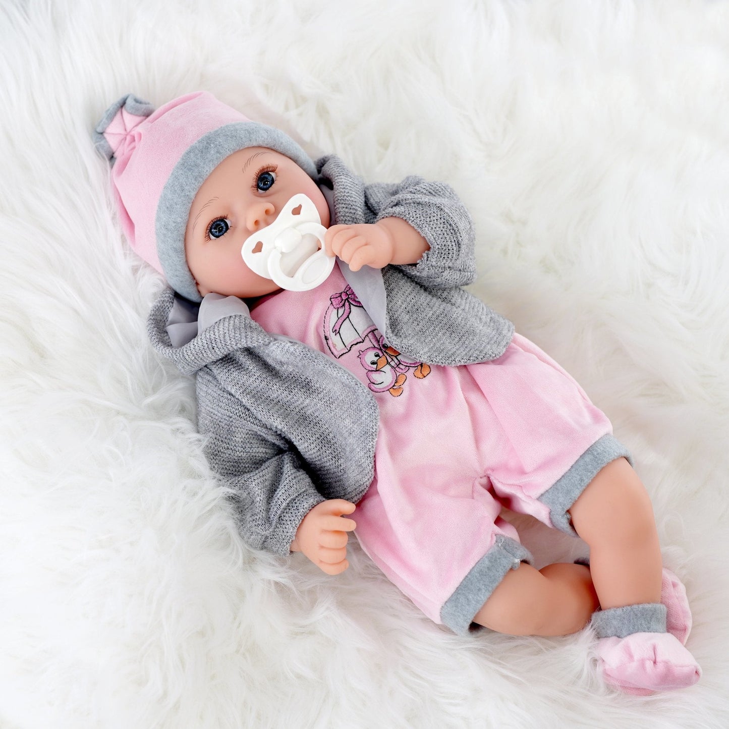 Baby Girl Doll With Dummy & Sounds Grey