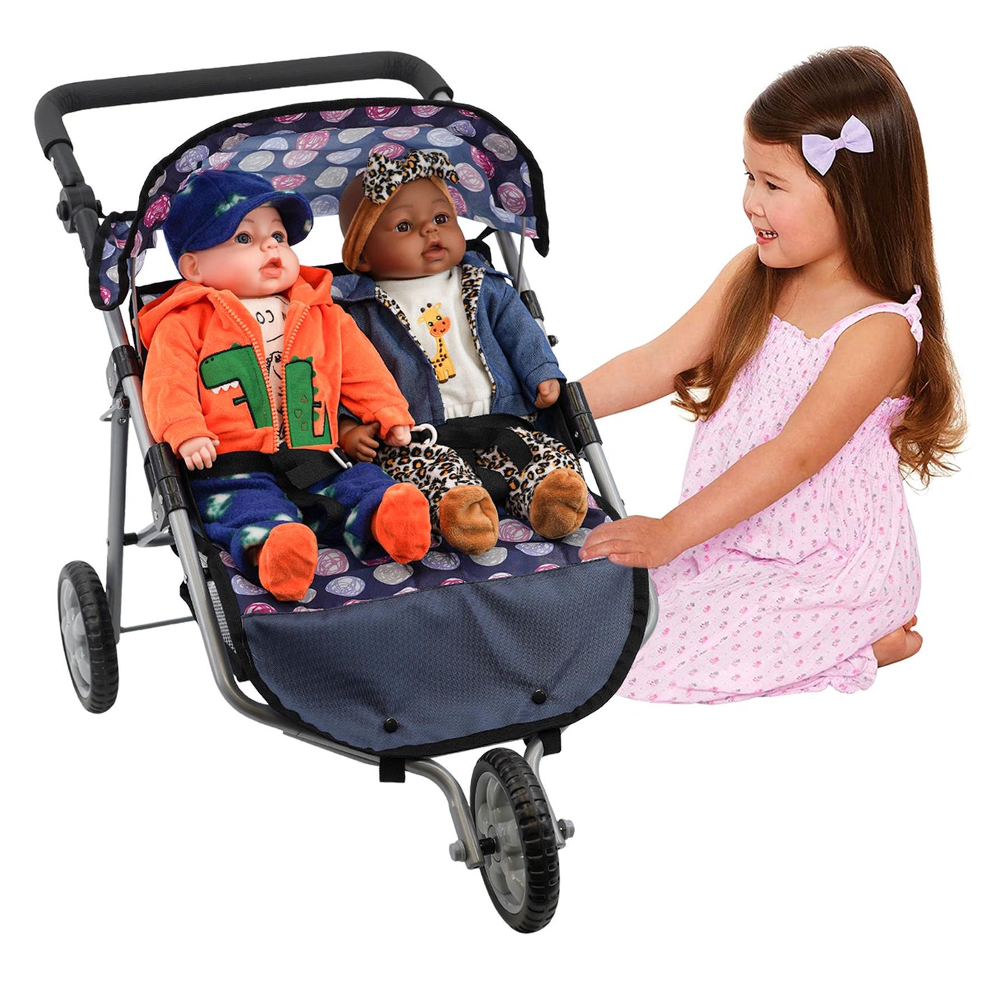 Blue Twin Dolls Stroller with Storage Basket