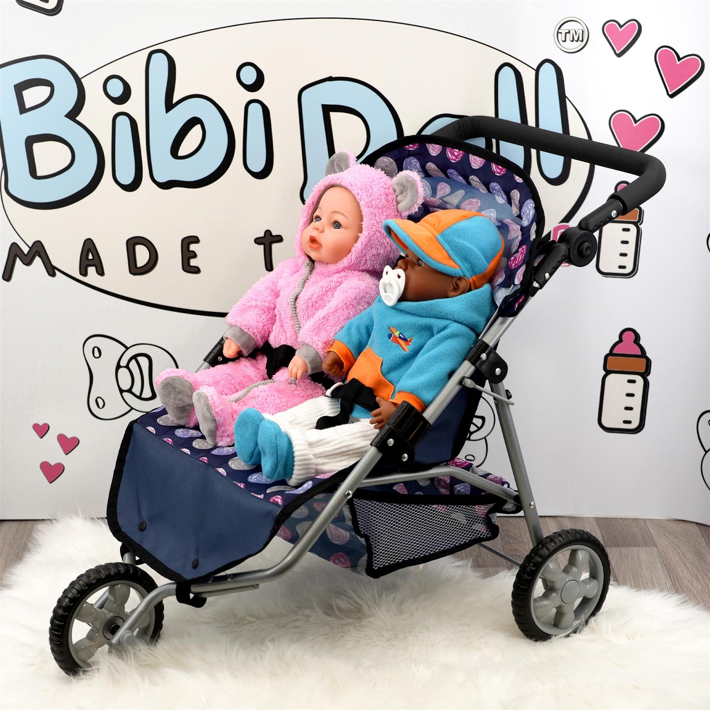 Blue Twin Dolls Stroller with Storage Basket