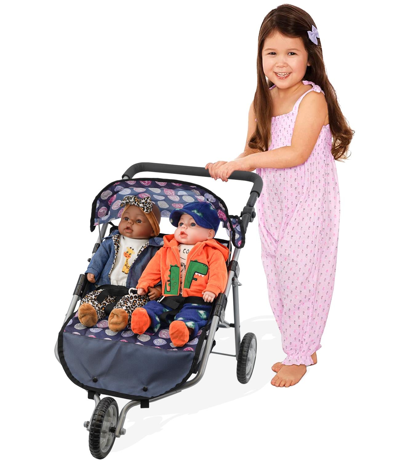 Blue Twin Dolls Stroller with Storage Basket
